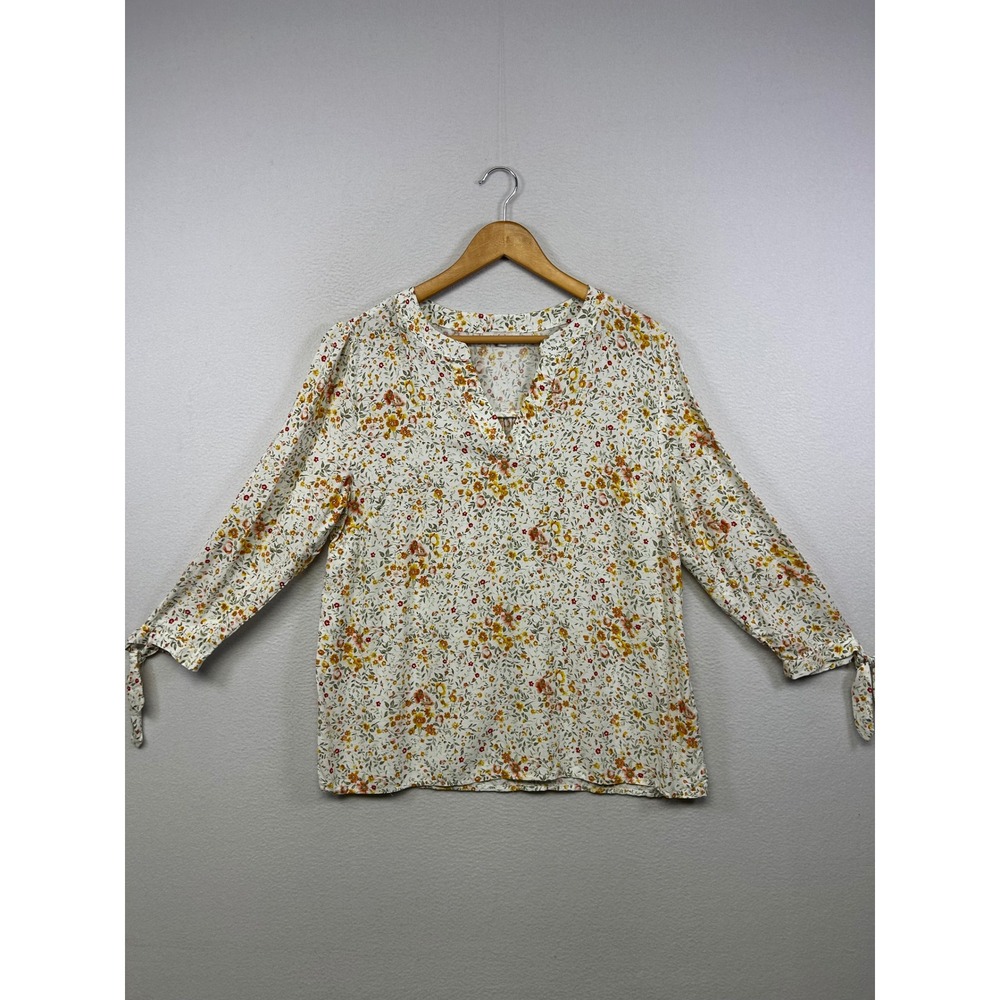 Cottagecore Boho Rose & Rhyme Womens Large White Orange Floral Tie Cuff Blouse